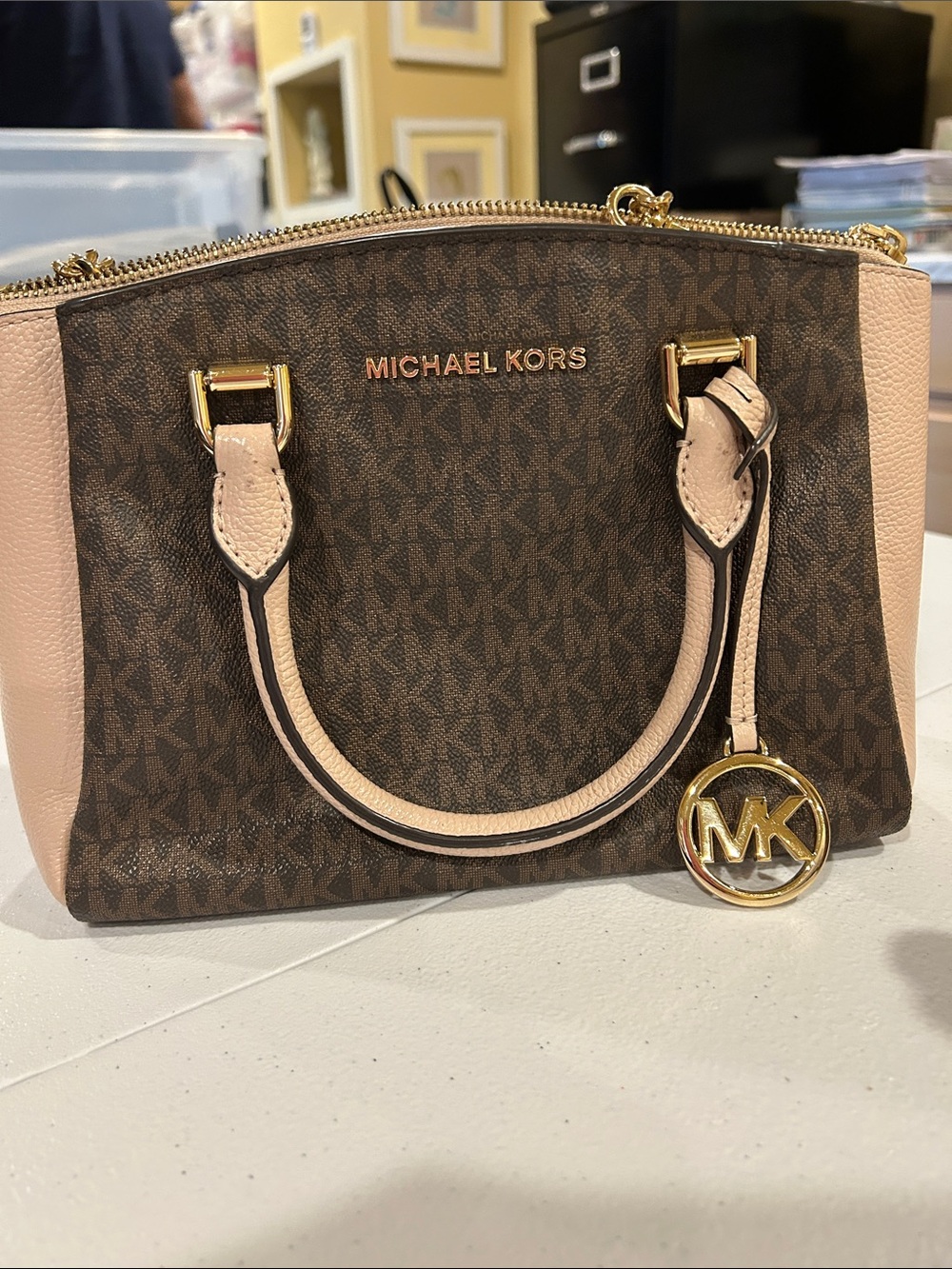 Michael Kors Brown MK Logo Satchel with Pink Trim and Gold Hardware